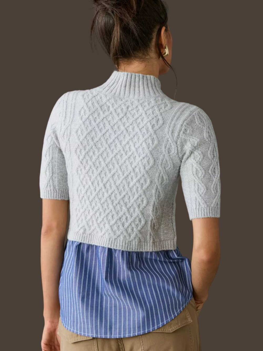 Anthropologie Maeve Melinda Cable Short-Sleeve Twofer Sweater Grey Blue Medium - Picture 5 of 12